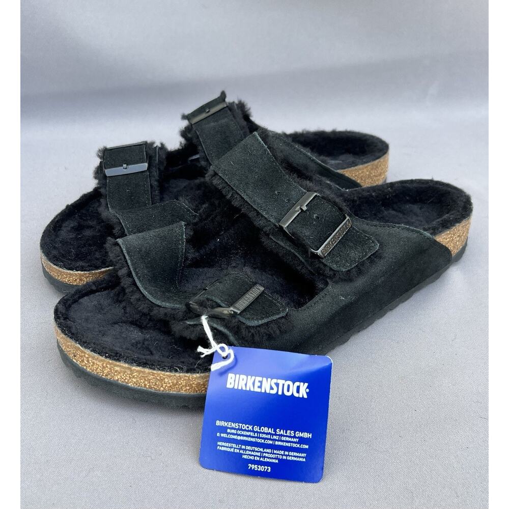 Birkenstock Arizona Shearling Suede Leather Black Sandals 11 Men's / 44EU NWB